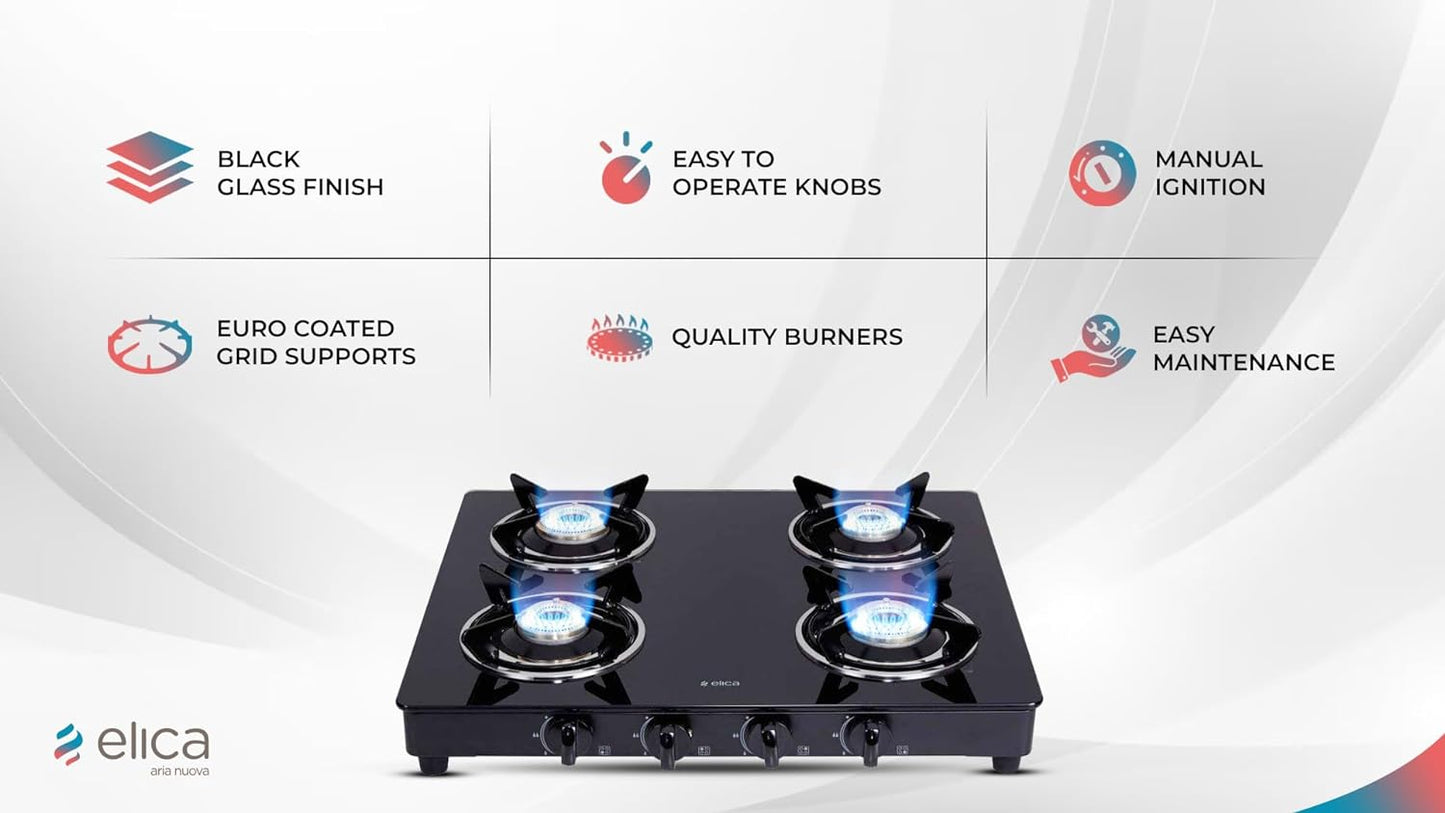 Elica Vetro Glass Top 4 Burner Gas Stove (CT VETRO 460 BLK)Open,Black