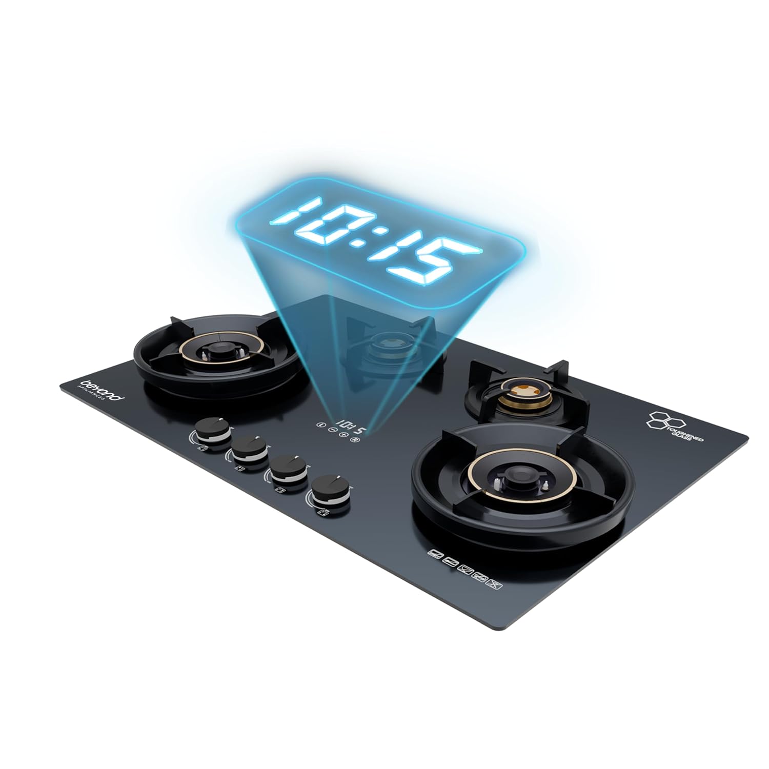 Beyond Appliances Zyra 4 Burner Smart Glass Hobtop Gas Stove | Auto Ignition | Digital Timer | Flame Failure Device | Toughened Glass | LPG & PNG Compatible HOB | PAN India Service Kitchen Etto