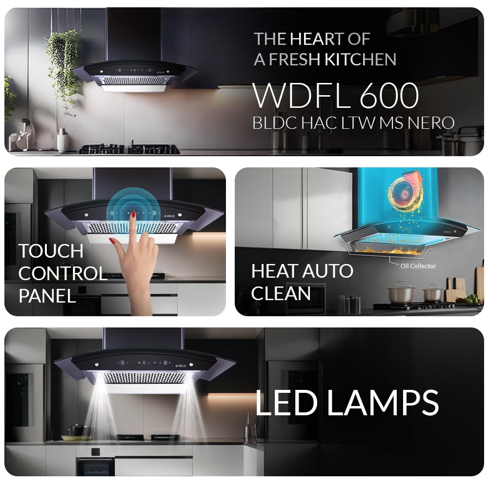 Elica 60cm 1500 m3/hr BLDC Filterless Autoclean Kitchen Chimney with 15 Years Motor & 5 Years Comprehensive Warranty | WDFL 600 BLDC HAC LTW MS NERO | Black | Touch + Motion Sensor Control Kitchen Etto
