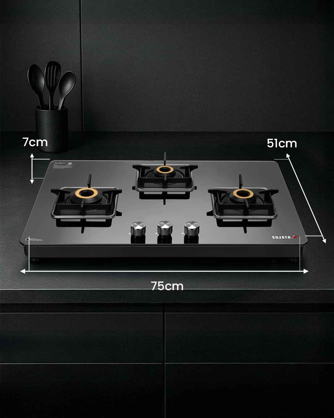 Sujata 3 Burner Gas Stove Glass Top | 9 Years Warranty | Premium Gas Stove with Jumbo Brass Burners | SABAF Technology | ISI Certified | LPG & PNG Compatible | Manual (Black)