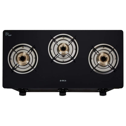 Elica Vetro 3 Burner Gas Stove (7031 CT VETRO Black) | Manual Ignition | Toughened Glass Top | High-Efficiency Brass Burners | Elegant Design | 2-Year Warranty