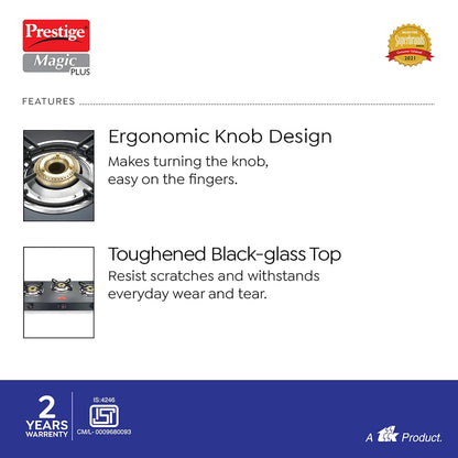 Prestige Magic plus Toughened Glass-Top 3 Brass Burner LPG Gas Stove(GTMP-03) | Black Spill Proof Design | Ergonomic Knob | Tri-Pin Burner
