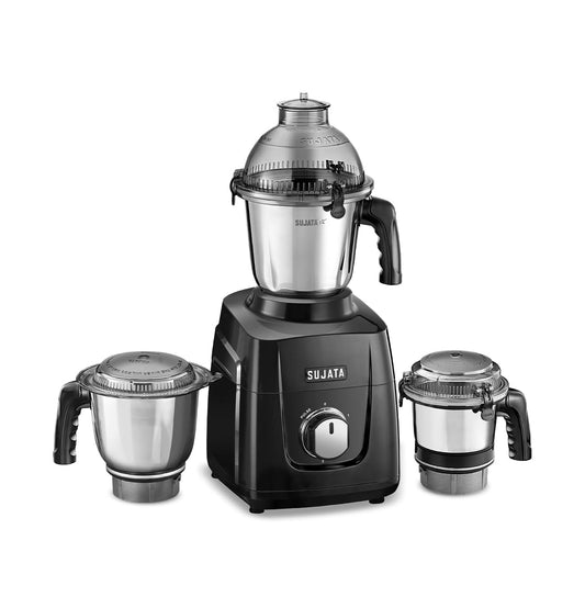 Sujata MG02 Mixer Grinder|1000 Watts Double Ball Bearing Motor|24000 RPM|Non-Stop 90 Mins Running|3 Food Grade Steel Jars including 1500ml Multipurpose, 1000ml Grinder, 500ml Chutney Jar| (Black) Kitchen Etto