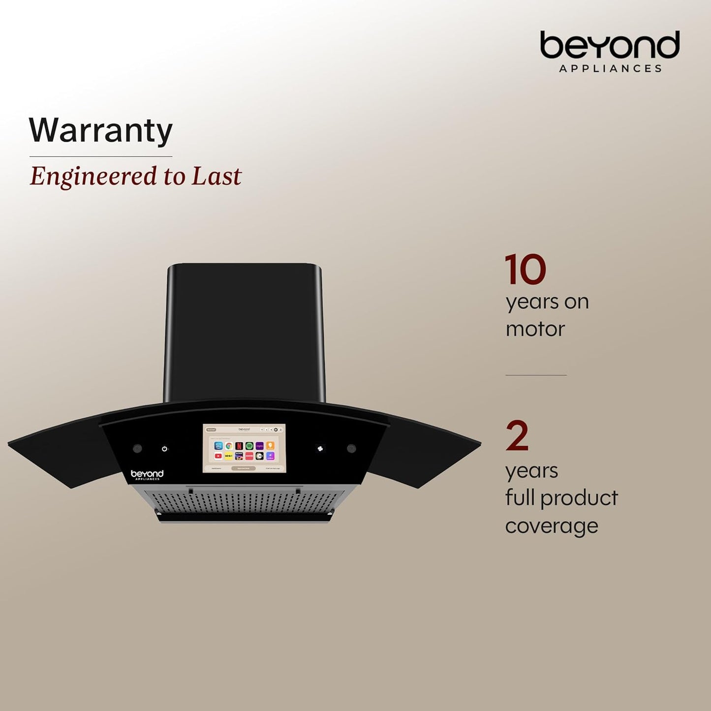 Beyond Appliances Asteria 90cm Auto Clean Kitchen Chimney | 1408 CMH Suction | Filterless | Curved Glass | Smart Screen & Speakers | Touch Control | Black Finish Kitchen Etto