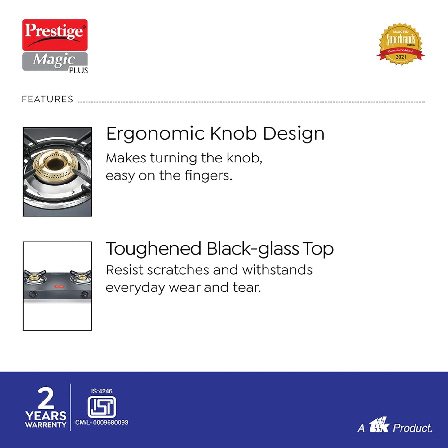 Prestige Magic plus Toughened Glass-Top 2 Brass Burner LPG Gas Stove(GTMP-02) | Black Spill Proof Design | Ergonomic Knob | Tri-Pin Burner