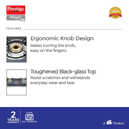 Prestige Magic plus Toughened Glass-Top 2 Brass Burner LPG Gas Stove(GTMP-02) | Black Spill Proof Design | Ergonomic Knob | Tri-Pin Burner