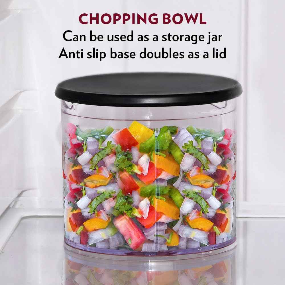 Borosil Chef Delite 300 Watts Electric Chopper for Kitchen, Twin Blade Technology, 600 ml 'chop-n-store' plastic bowl with lid, Vegetable Chopper, Cutter, Chop, Mince, Dice, Whisk, Blend