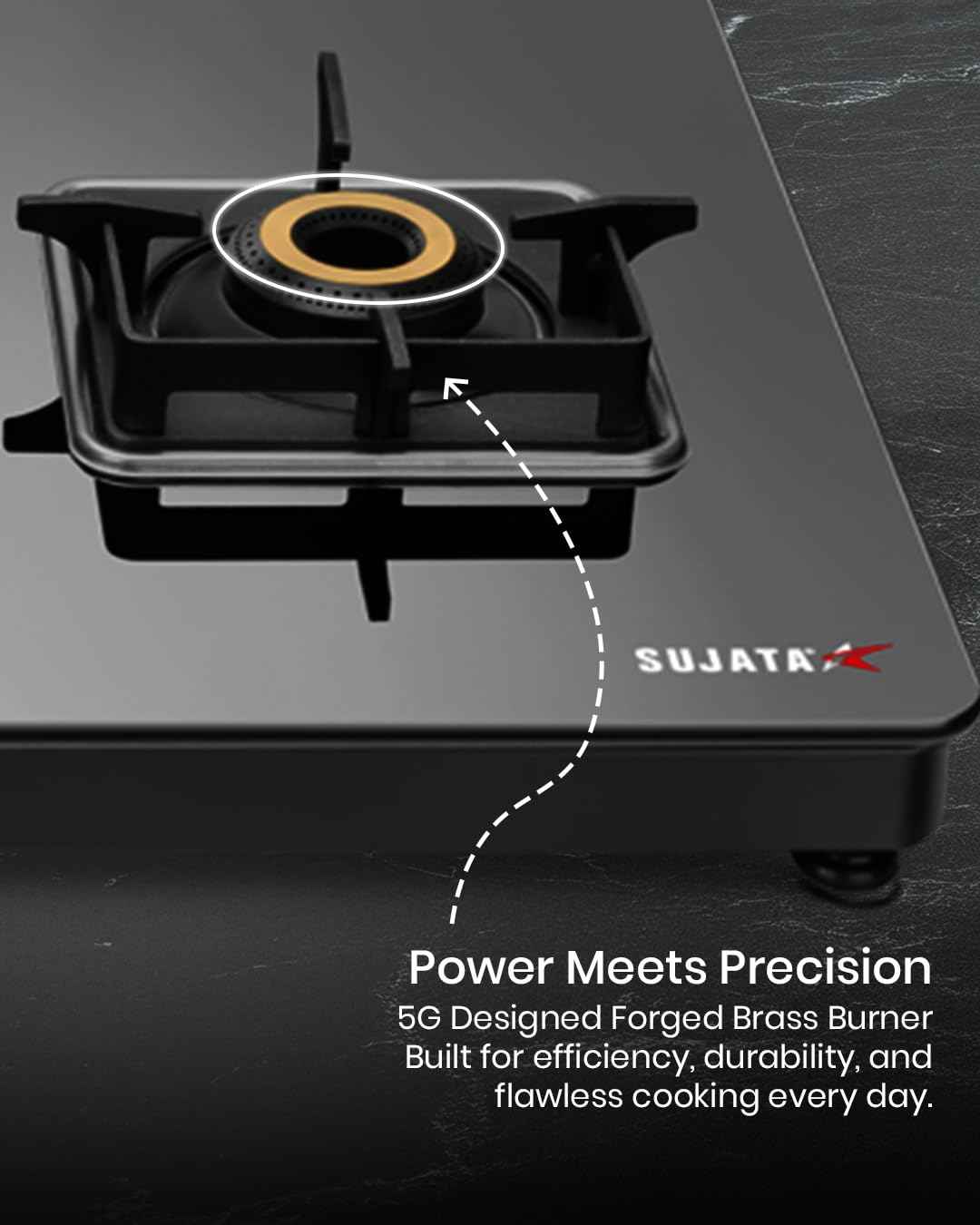 Sujata 3 Burner Gas Stove Glass Top | 9 Years Warranty | Premium Gas Stove with Jumbo Brass Burners | SABAF Technology | ISI Certified | LPG & PNG Compatible | Manual (Black)