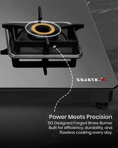 Sujata 3 Burner Gas Stove Glass Top | 9 Years Warranty | Premium Gas Stove with Jumbo Brass Burners | SABAF Technology | ISI Certified | LPG & PNG Compatible | Manual (Black)