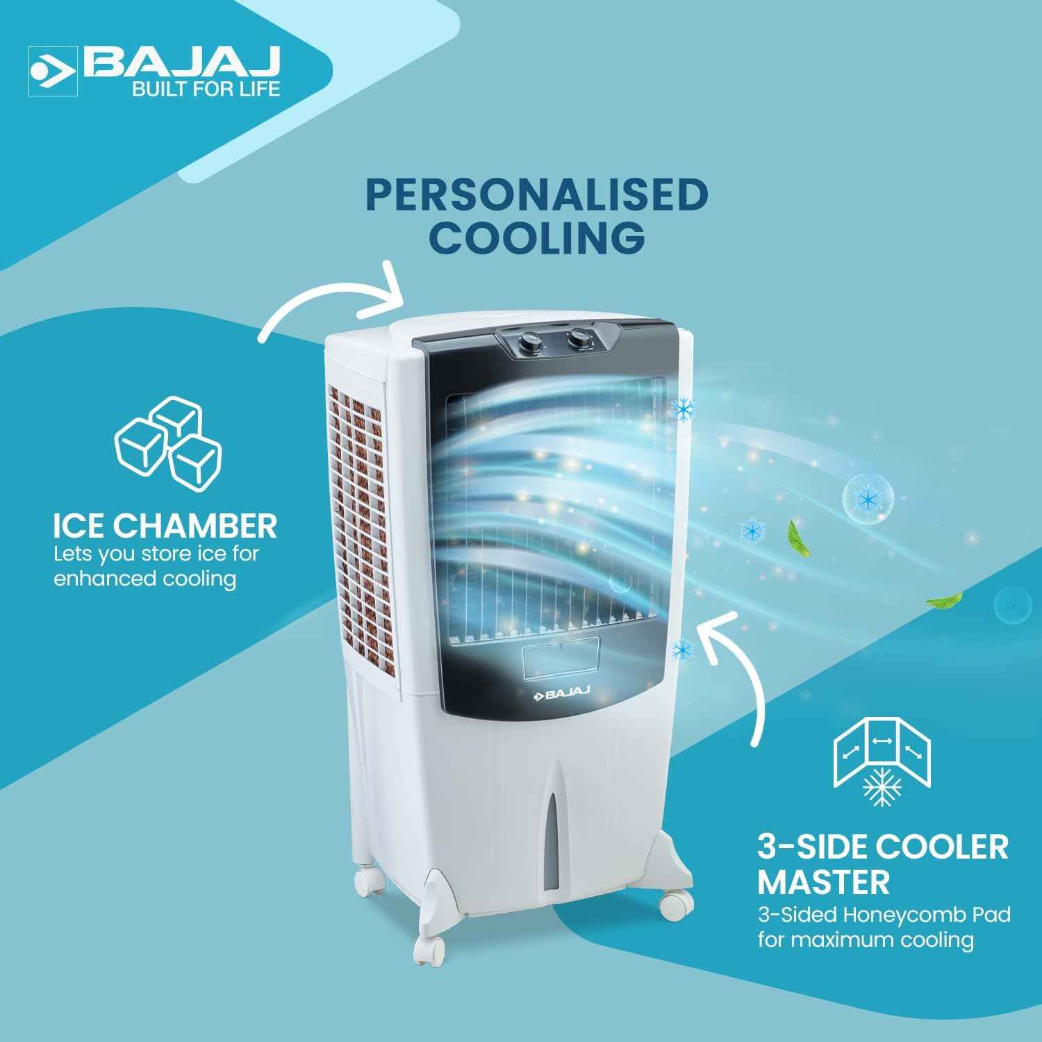 Bajaj Shield Series Mighty 95 Litre Desert Air Cooler For Home With Dura Marine Pro Pump| Dura Tuff Pro Motor| 3-Yr Warranty | Hexacool & Turbofan Technology | Ice Chamber | 3-Speed Control 【White】