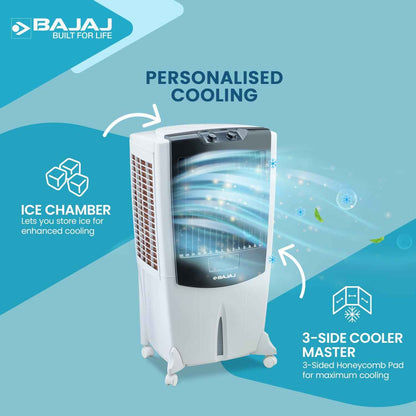 Bajaj Shield Series Mighty 95 Litre Desert Air Cooler For Home With Dura Marine Pro Pump| Dura Tuff Pro Motor| 3-Yr Warranty | Hexacool & Turbofan Technology | Ice Chamber | 3-Speed Control 【White】