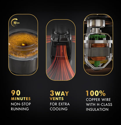 Sujata MG02 Mixer Grinder|1000 Watts Double Ball Bearing Motor|24000 RPM|Non-Stop 90 Mins Running|3 Food Grade Steel Jars including 1500ml Multipurpose, 1000ml Grinder, 500ml Chutney Jar| (Black) Kitchen Etto