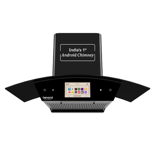 Beyond Appliances Asteria 90cm Auto Clean Kitchen Chimney | 1408 CMH Suction | Filterless | Curved Glass | Smart Screen & Speakers | Touch Control | Black Finish Kitchen Etto