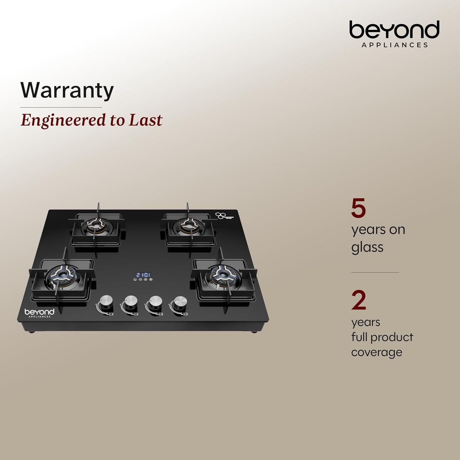 Beyond Appliances Solaria Premium 4 Burner Smart Gas Stove | Auto Ignition | Digital Timer | Flame Failure Device | Toughened Glass | ISI Certified | LPG & PNG Compatible Cooktop | PAN India Service Kitchen Etto