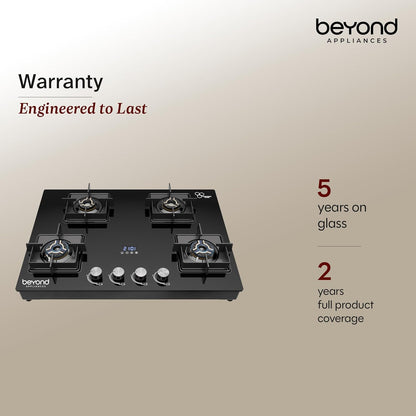 Beyond Appliances Solaria Premium 4 Burner Smart Gas Stove | Auto Ignition | Digital Timer | Flame Failure Device | Toughened Glass | ISI Certified | LPG & PNG Compatible Cooktop | PAN India Service Kitchen Etto