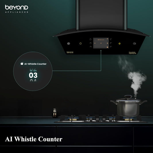 Beyond Appliances Arista 60cm Auto Clean Curve Kitchen Chimney | 1408 CMH Suction | Filterless | Smart AI Dashboard, Motion Sensor & Speakers | Touch Control | Radio | Whistle Counter | Black Kitchen Etto