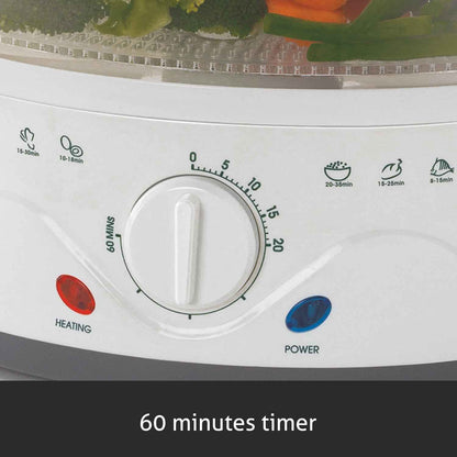 Electric Food Steamer 900w with 60 minute Timer, 3 Food Grade Containers - white (3052)