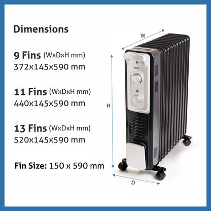 Oil Filled Radiator Room Heater with Turbo Ceramic Fan Black (7015OR) - 9/11/13 Fin