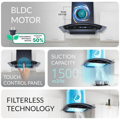 Elica 60cm 1500 m3/hr BLDC Filterless Autoclean Kitchen Chimney with 15 Years Motor & 5 Years Comprehensive Warranty | CURVE FL 600 BLDC HAC LTW MS NERO | RPM Display with Touch + Motion Sensor| Black