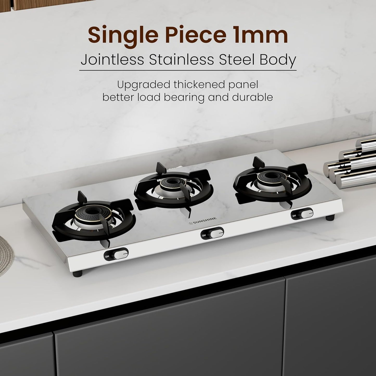 Sunshine Brio Falcon 3 Burner | Ultra Slim 3 Burner Stainless Steel Gas Stove | Ergonomic Knob | Manual Ignition | 5G technology, LPG Ready & PNG Compatible (Silver)