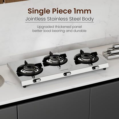 Sunshine Brio Falcon 3 Burner | Ultra Slim 3 Burner Stainless Steel Gas Stove | Ergonomic Knob | Manual Ignition | 5G technology, LPG Ready & PNG Compatible (Silver)