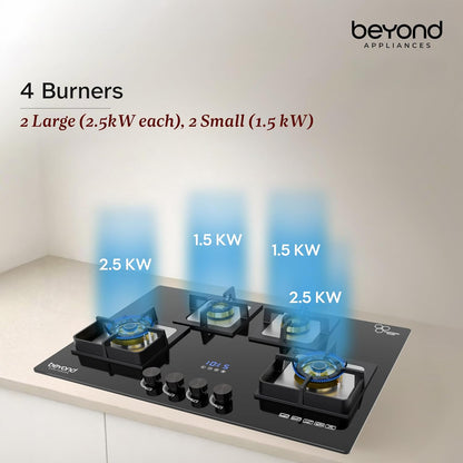 Beyond Appliances Dorado 4 Burner Smart Glass Hobtop Gas Stove | Auto Ignition | Digital Timer | Flame Failure Device | Toughened Glass | LPG & PNG Compatible Kitchen Etto