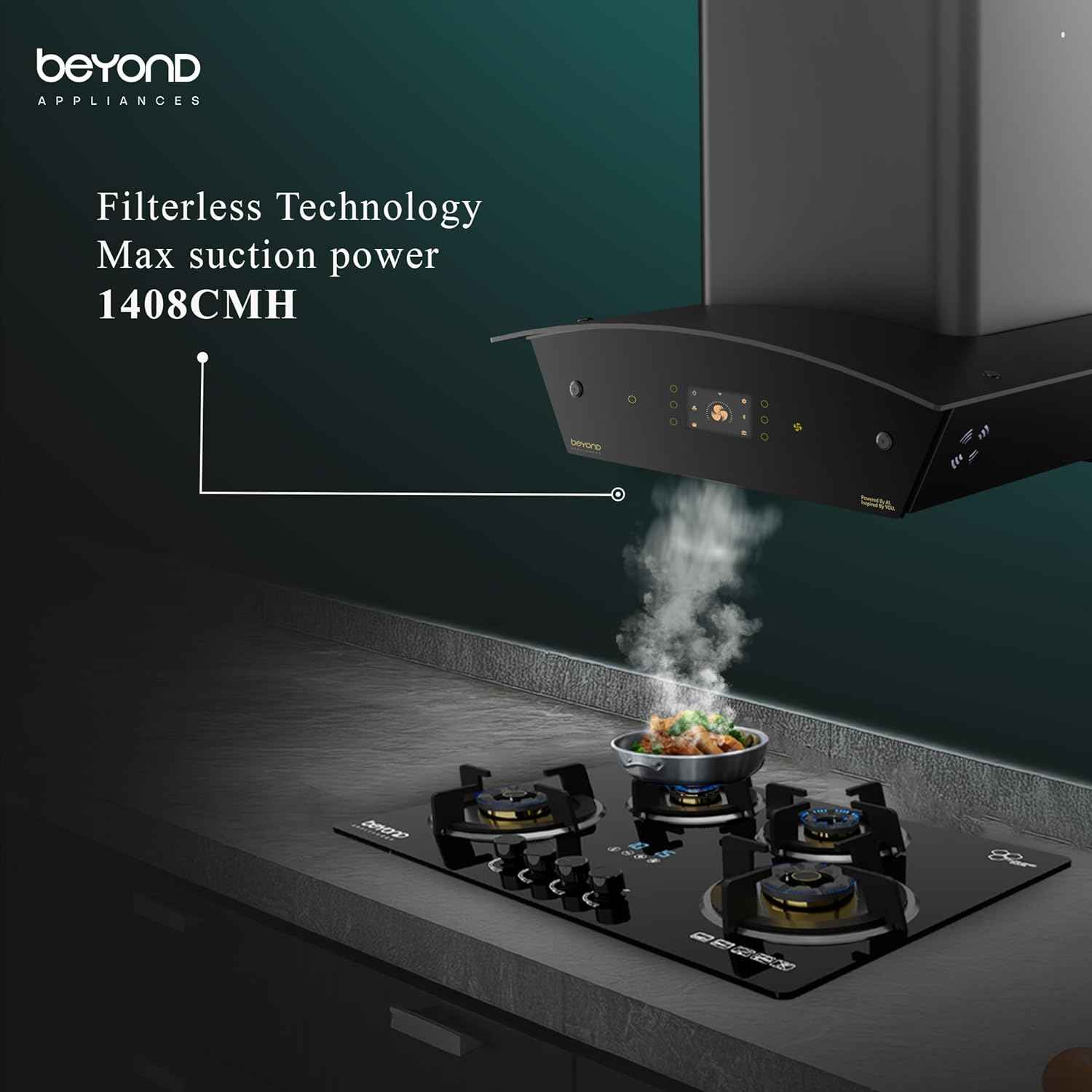 Beyond Appliances Arista 60cm Auto Clean Curve Kitchen Chimney | 1408 CMH Suction | Filterless | Smart AI Dashboard, Motion Sensor & Speakers | Touch Control | Radio | Whistle Counter | Black