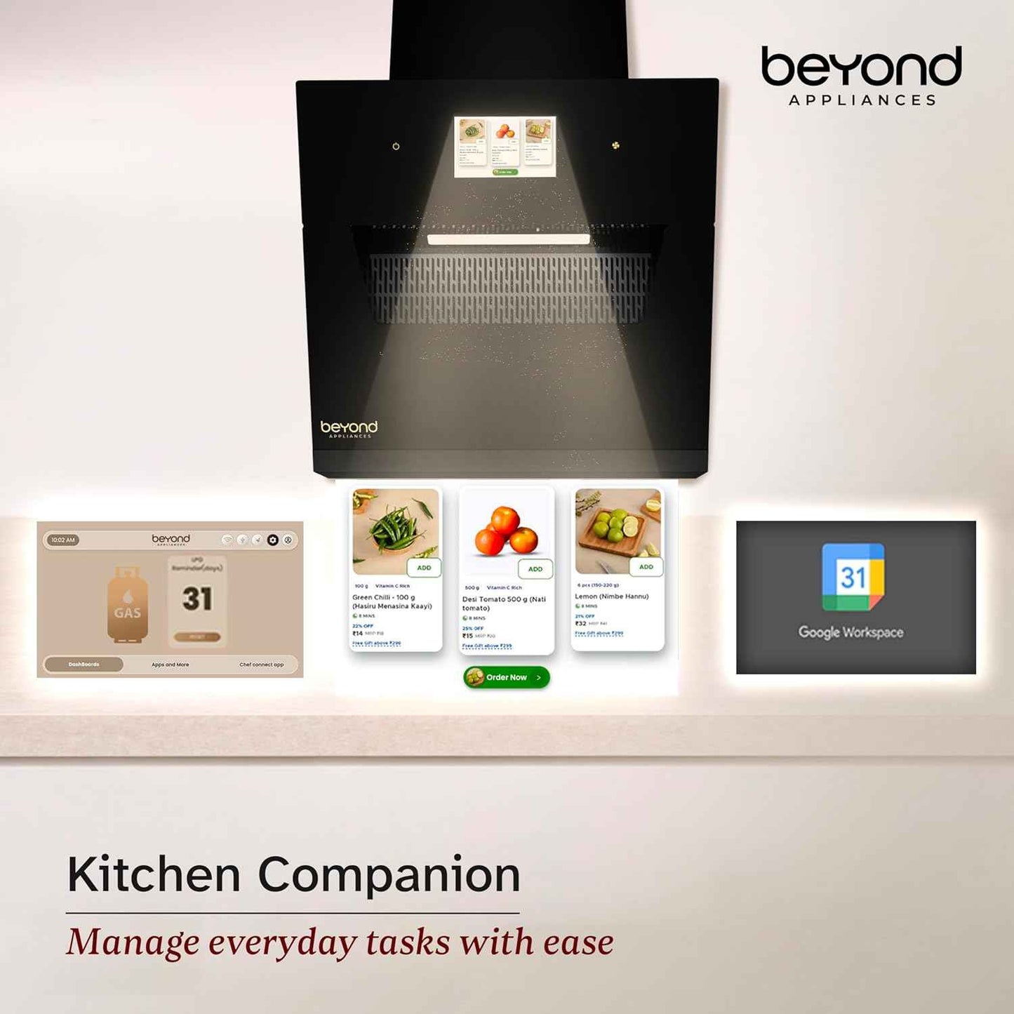 Beyond Appliances Eris 60cm Auto Clean Slant Kitchen Chimney | 1500 CMH Suction | Filterless | Smart Touchscreen Display | Touch Control | Black | PAN INDIA SERVICE