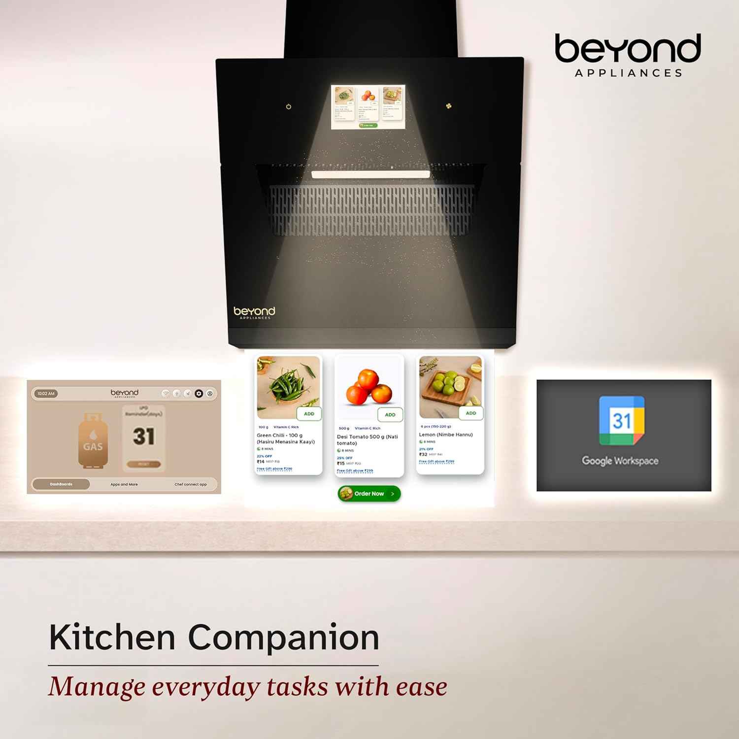 Beyond Appliances Eris 60cm Auto Clean Slant Kitchen Chimney | 1500 CMH Suction | Filterless | Smart Touchscreen Display | Touch Control | Black | PAN INDIA SERVICE