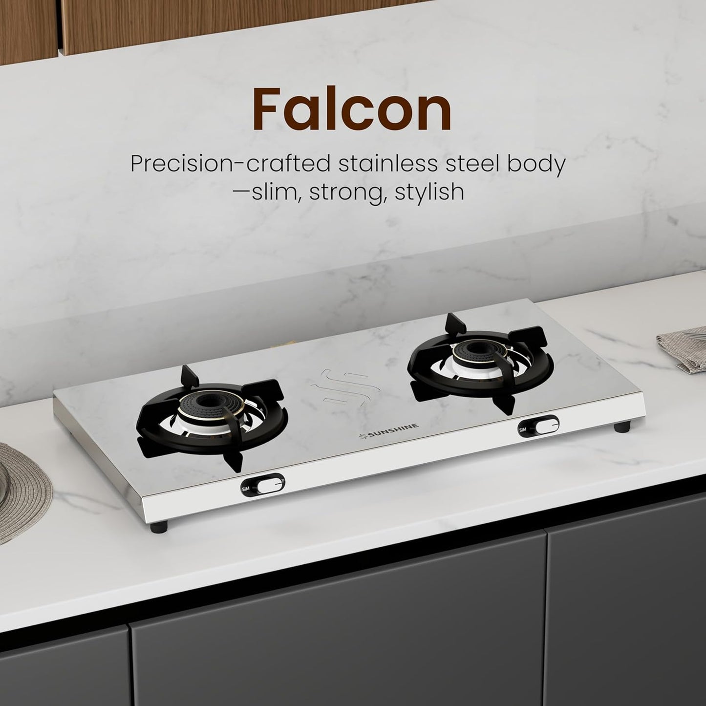 Sunshine Brio Falcon 2 Burner | Ultra Slim 2 Burner Stainless Steel Gas Stove | Ergonomic Knob, Brass Burner, 5G Technology | Manual Ignition, LPG Ready & PNG Compatible (Silver)