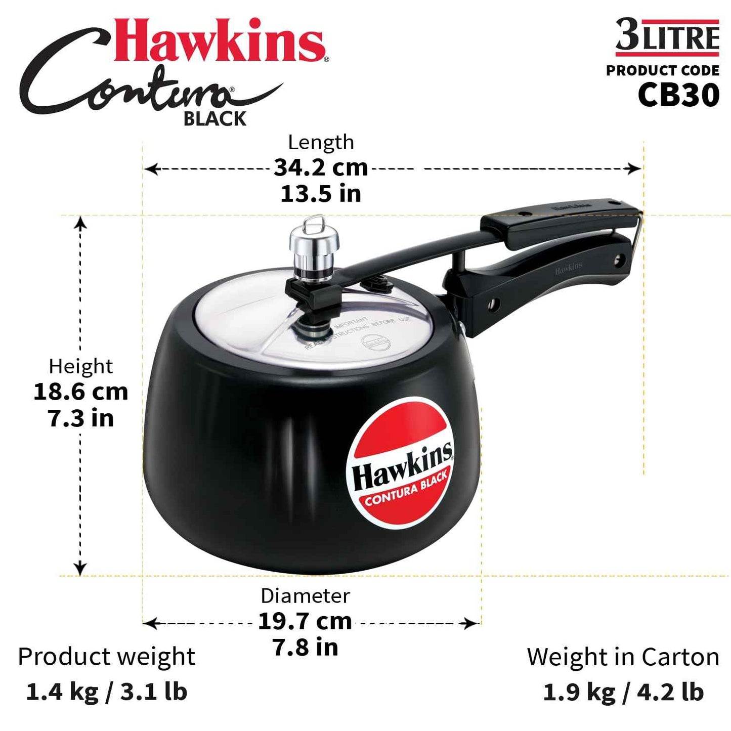 Hawkins 3 Litre Contura Black Pressure Cooker, Hard Anodised Inner Lid Cooker, Handi Cooker, (CB30)