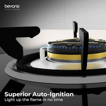 Beyond Appliances Auriga 4 Burner Smart Glass Gas Stove | Auto Ignition | Digital Timer | Flame Failure Device | Toughened Glass | ISI Certified | LPG & PNG Compatible Cooktop | PAN India Service