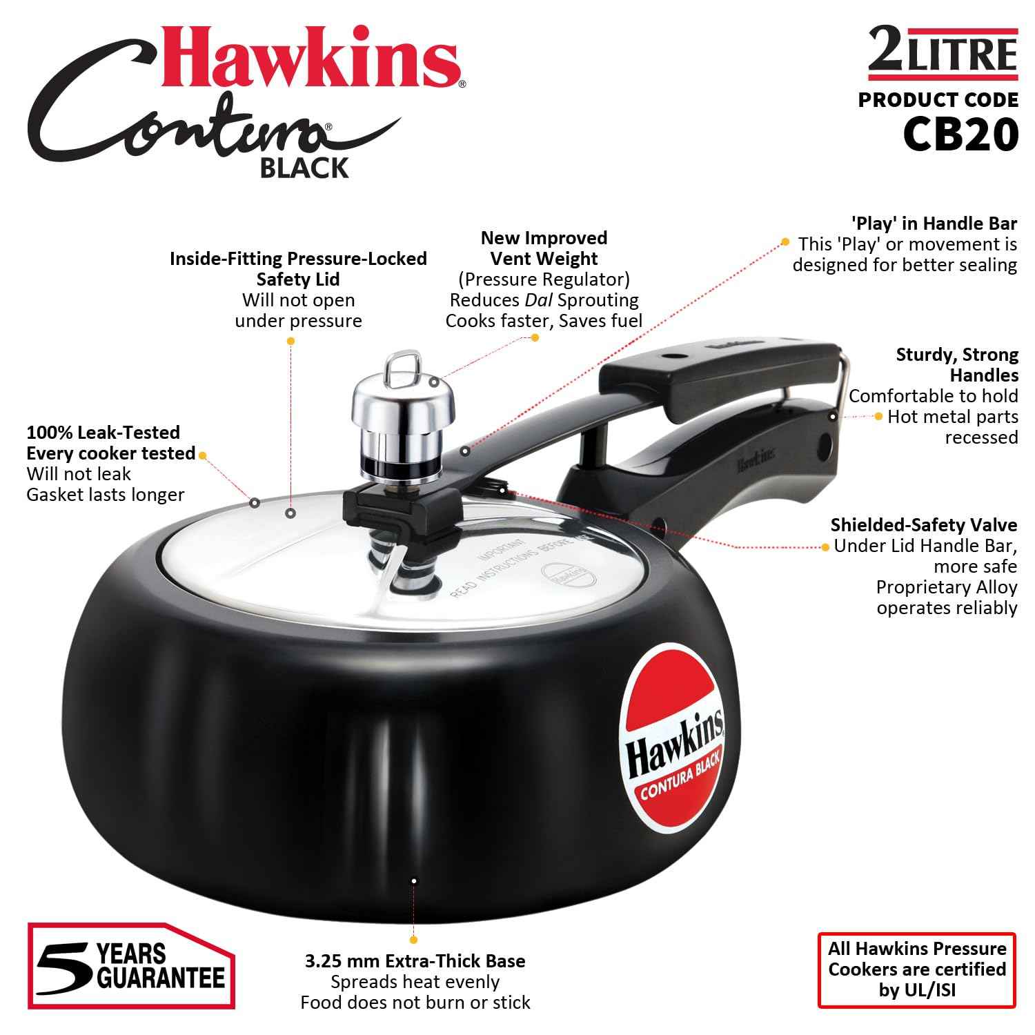 Hawkins 2 Litre Contura Black Pressure Cooker, Hard Anodised Inner Lid Cooker, Handi Cooker, Black (CB20)