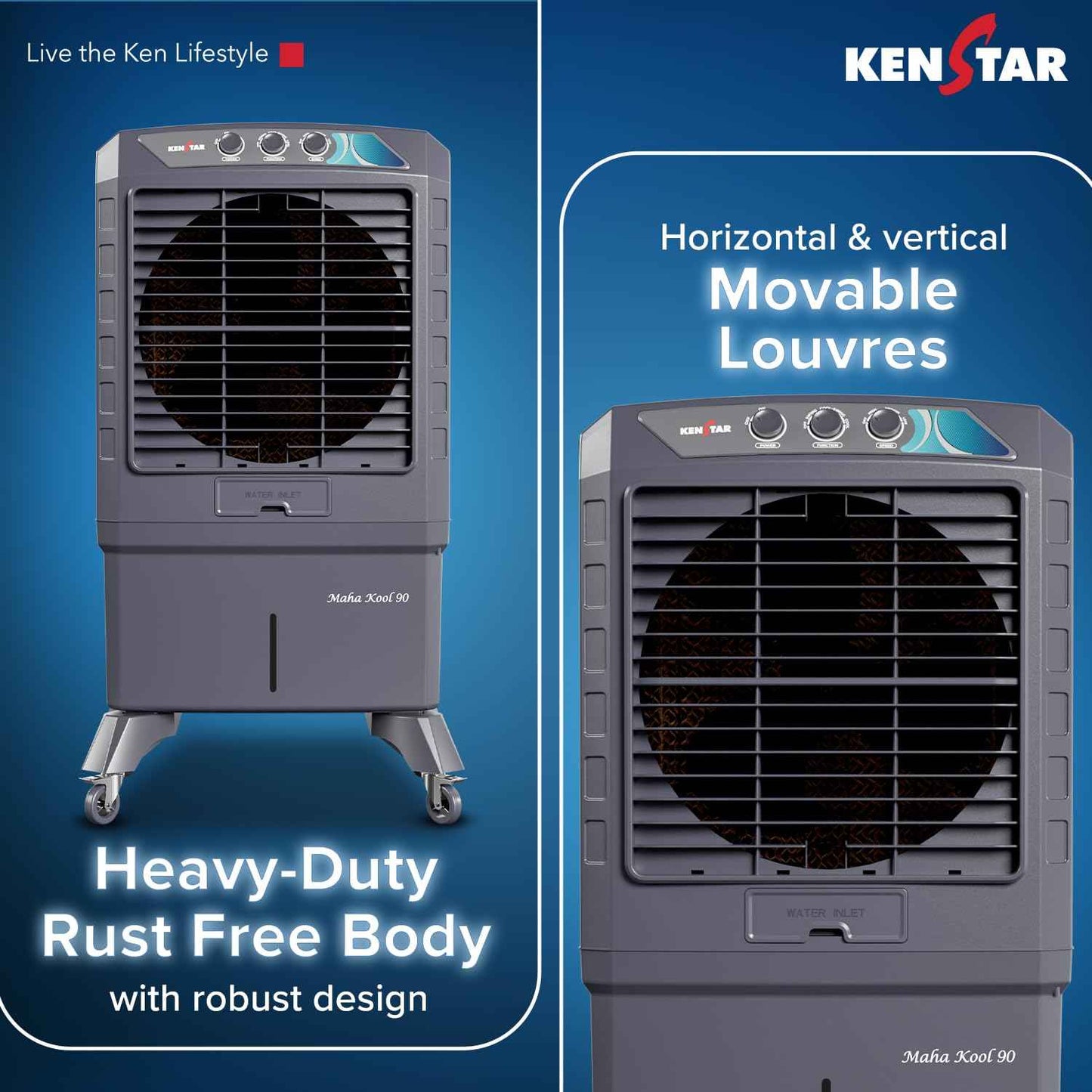 Kenstar MAHA KOOL HC 90 L Desert Air Cooler|Anti-Bacterial Honeycomb Pads|High-Speed Fan|Inverter Ready|50Ft Powerful Air Throw|1-Yr Product Warranty+5-Yr Warranty on Pump&Motor|5-Star BEE Rating|Grey