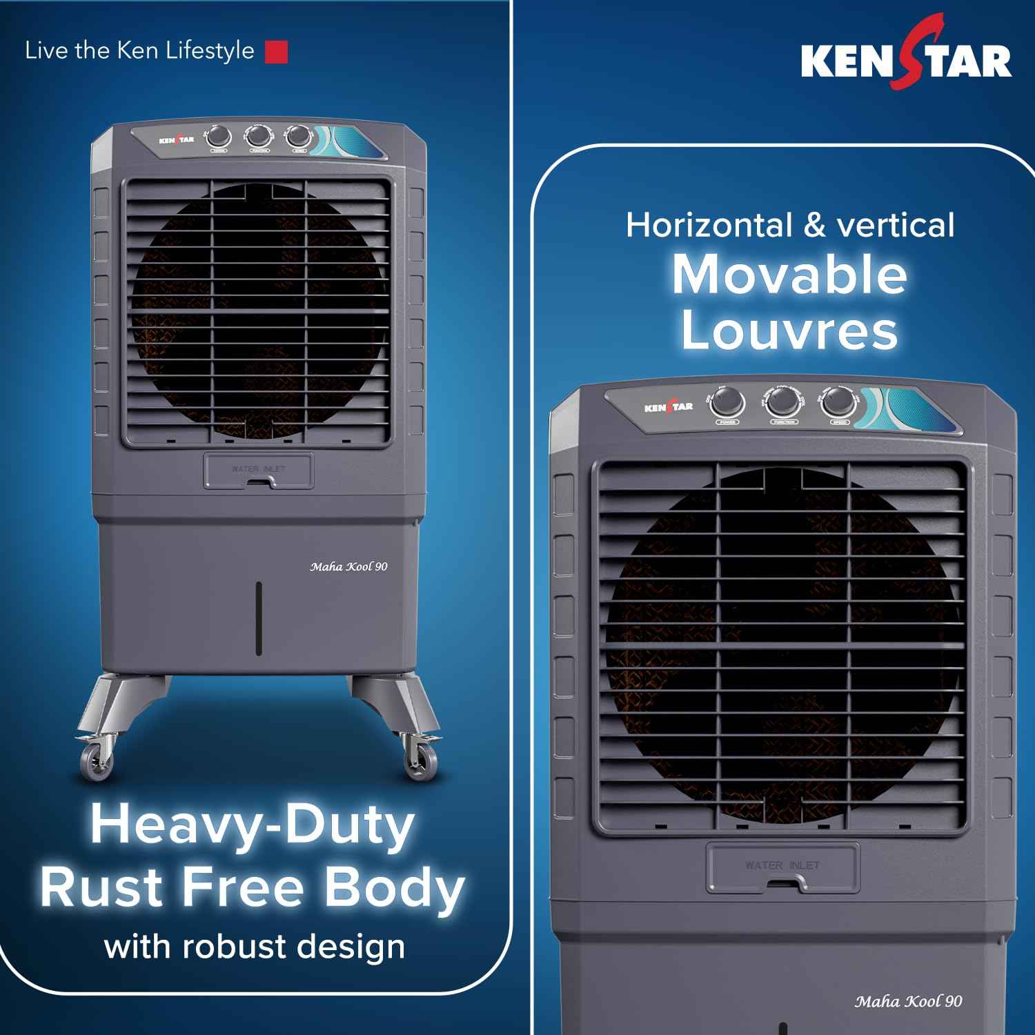 Kenstar MAHA KOOL HC 90 L Desert Air Cooler|Anti-Bacterial Honeycomb Pads|High-Speed Fan|Inverter Ready|50Ft Powerful Air Throw|1-Yr Product Warranty+5-Yr Warranty on Pump&Motor|5-Star BEE Rating|Grey
