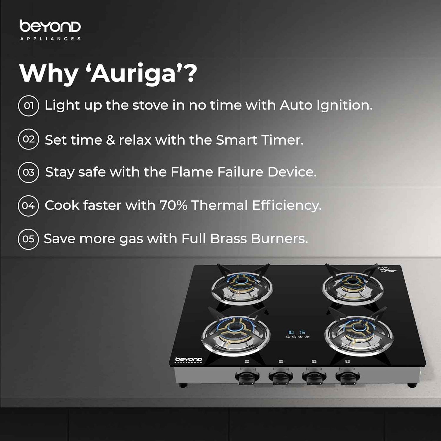 Beyond Appliances Auriga 4 Burner Smart Glass Gas Stove | Auto Ignition | Digital Timer | Flame Failure Device | Toughened Glass | ISI Certified | LPG & PNG Compatible Cooktop | PAN India Service
