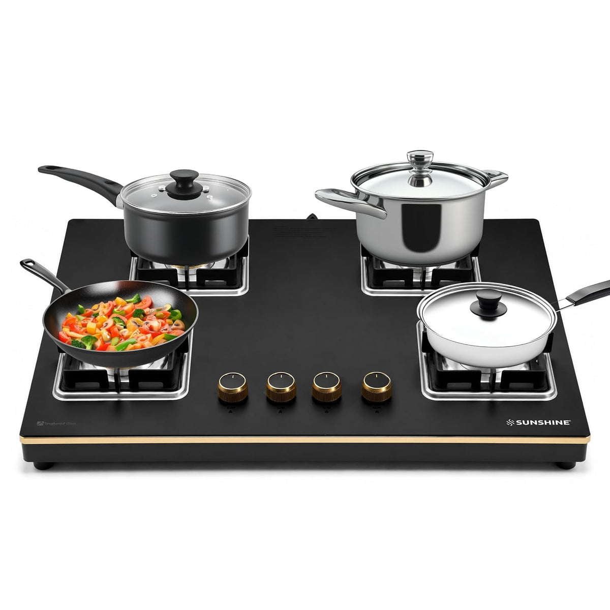 Sunshine Shine Gold 4 Burner | Glass Hob Top Cooktop | Auto Ignition | 10D Brass Burners | SABAF Italian Valves | LPG & PNG Compatible | Golden Finish | 10 Year Glass & Burner Warranty | Black