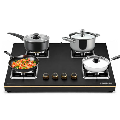 Sunshine Shine Gold 4 Burner | Glass Hob Top Cooktop | Auto Ignition | 10D Brass Burners | SABAF Italian Valves | LPG & PNG Compatible | Golden Finish | 10 Year Glass & Burner Warranty | Black