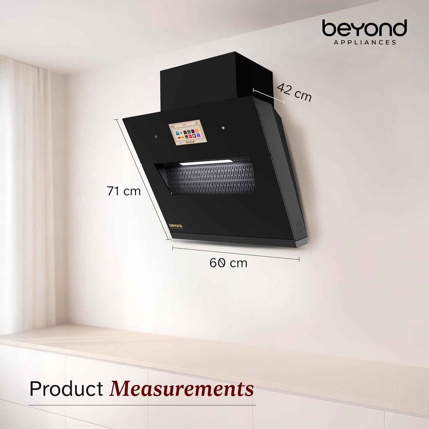 Beyond Appliances Eris 60cm Auto Clean Slant Kitchen Chimney | 1500 CMH Suction | Filterless | Smart Touchscreen Display | Touch Control | Black | PAN INDIA SERVICE