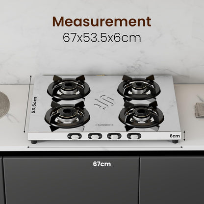 Sunshine Brio Falcon 4 Burner | Ultra Slim 4 Burner Stainless Steel Gas Stove | Ergonomic Knob, Brass Burner, 5G Technology | Manual Ignition, LPG Ready & PNG Compatible (Silver)