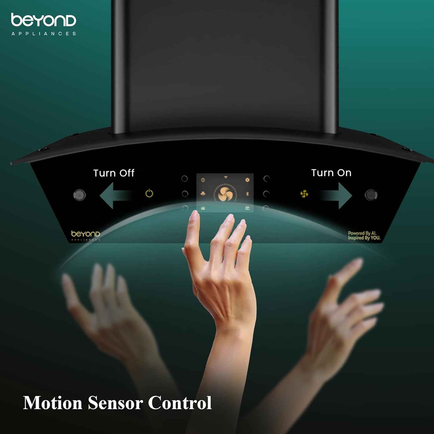 Beyond Appliances Arista 60cm Auto Clean Curve Kitchen Chimney | 1408 CMH Suction | Filterless | Smart AI Dashboard, Motion Sensor & Speakers | Touch Control | Radio | Whistle Counter | Black