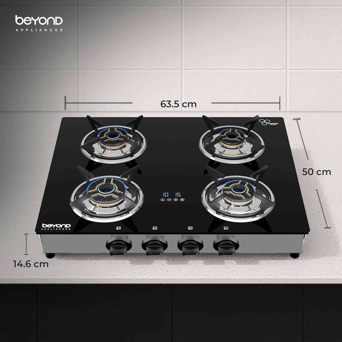 Beyond Appliances Auriga 4 Burner Smart Glass Gas Stove | Auto Ignition | Digital Timer | Flame Failure Device | Toughened Glass | ISI Certified | LPG & PNG Compatible Cooktop | PAN India Service