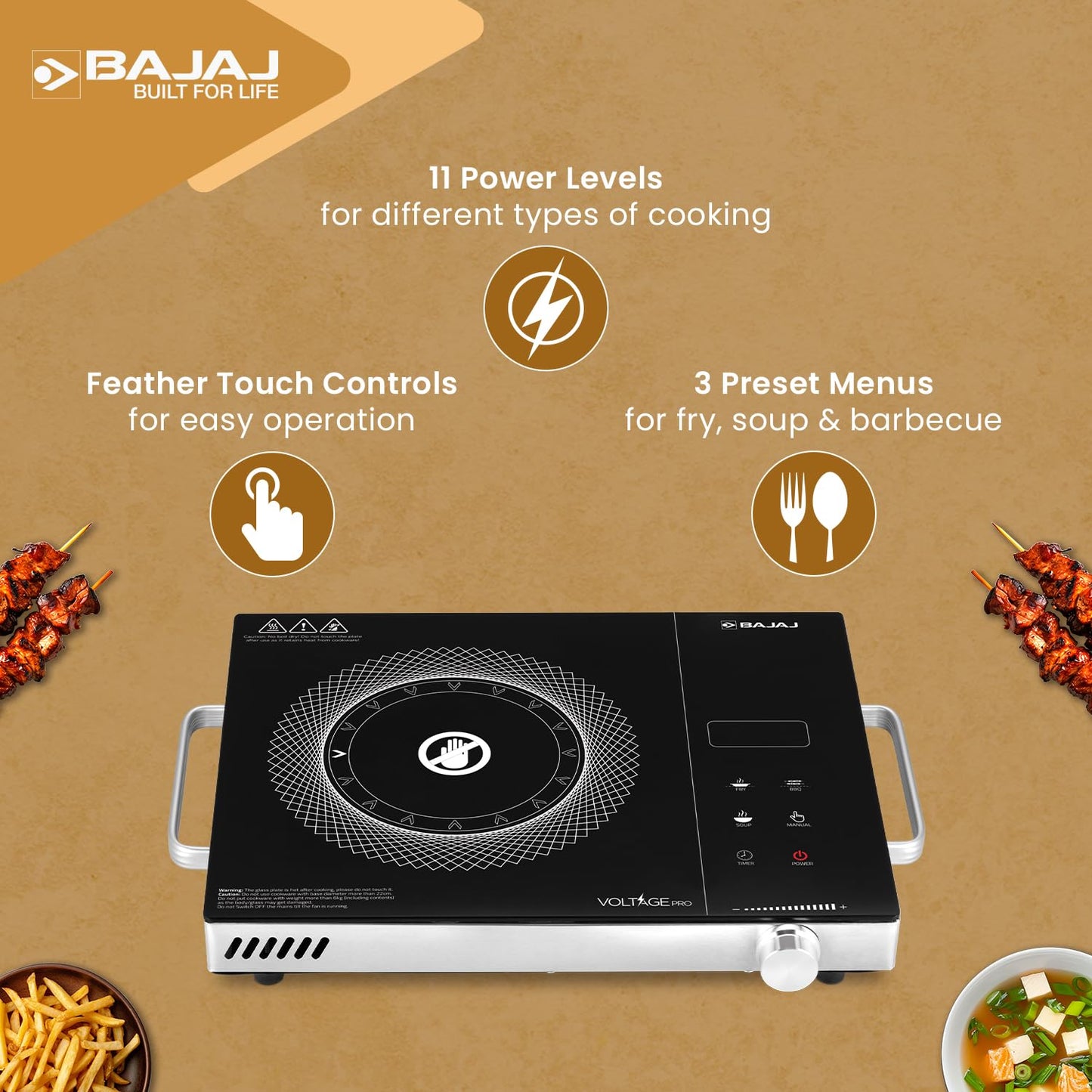 Bajaj IRX 220F Infrared Induction Cooktop | 2200 Watts | 11 Power Level | 3 Preset Menu | Feather Touch Controls | Digital display | 1 Year Warranty 【Black/Silver】