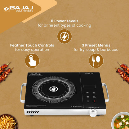 Bajaj IRX 220F Infrared Induction Cooktop | 2200 Watts | 11 Power Level | 3 Preset Menu | Feather Touch Controls | Digital display | 1 Year Warranty 【Black/Silver】