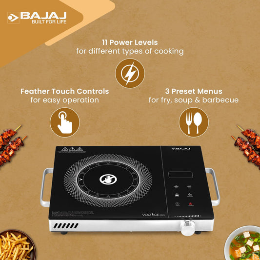 Bajaj IRX 220F Infrared Induction Cooktop | 2200 Watts | 11 Power Level | 3 Preset Menu | Feather Touch Controls | Digital display | 1 Year Warranty 【Black/Silver】