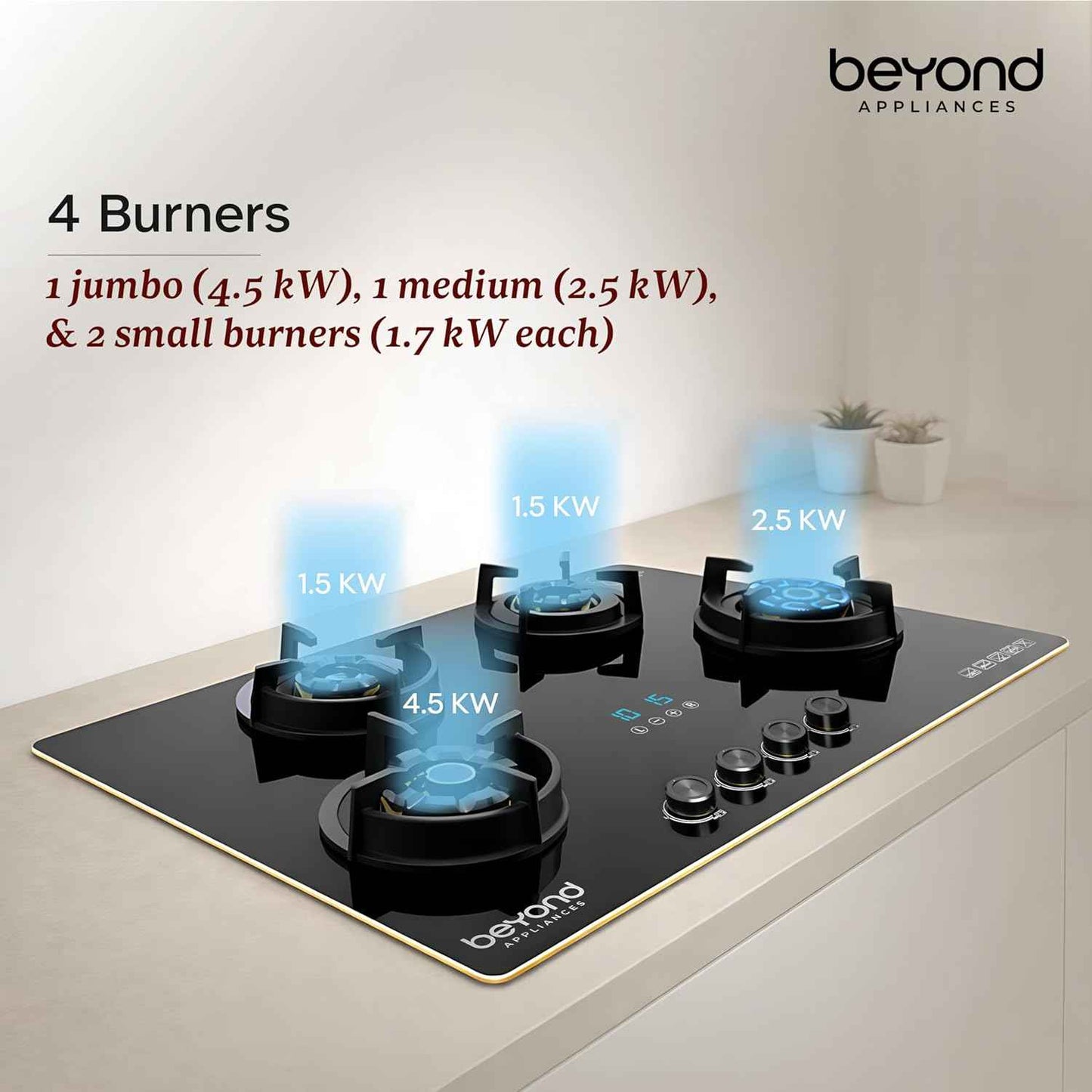 Beyond Appliances Altair Premium 4 Burner Smart Glass Hobtop Gas Stove | Auto Ignition | Digital Timer | Flame Failure Device | Jumbo Burner | Toughened Glass | LPG & PNG Compatible