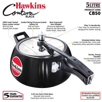 Hawkins Contura Black Pressure Cooker, 5 Litre, Black (CB50)