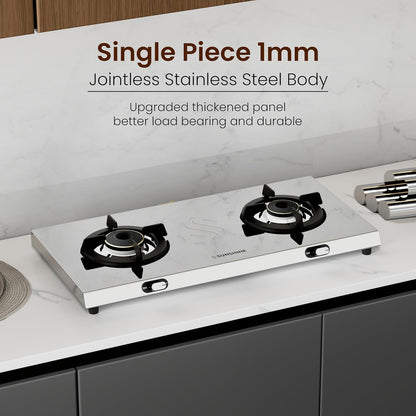 Sunshine Brio Falcon 2 Burner | Ultra Slim 2 Burner Stainless Steel Gas Stove | Ergonomic Knob, Brass Burner, 5G Technology | Manual Ignition, LPG Ready & PNG Compatible (Silver)