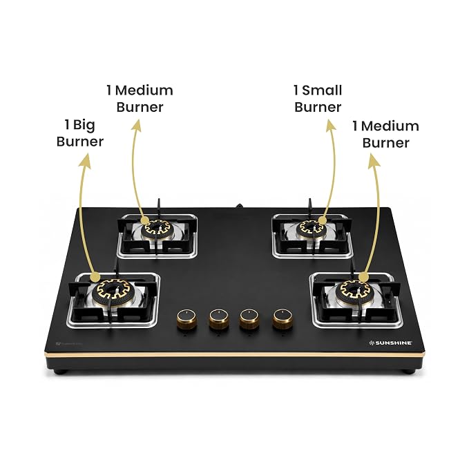 Sunshine Shine Gold 4 Burner | Glass Hob Top Cooktop | Auto Ignition | 10D Brass Burners | SABAF Italian Valves | LPG & PNG Compatible | Golden Finish | 10 Year Glass & Burner Warranty | Black