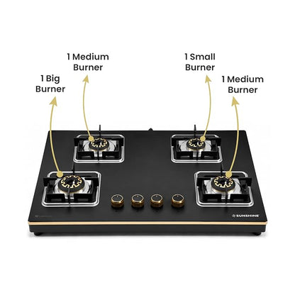Sunshine Shine Gold 4 Burner | Glass Hob Top Cooktop | Auto Ignition | 10D Brass Burners | SABAF Italian Valves | LPG & PNG Compatible | Golden Finish | 10 Year Glass & Burner Warranty | Black